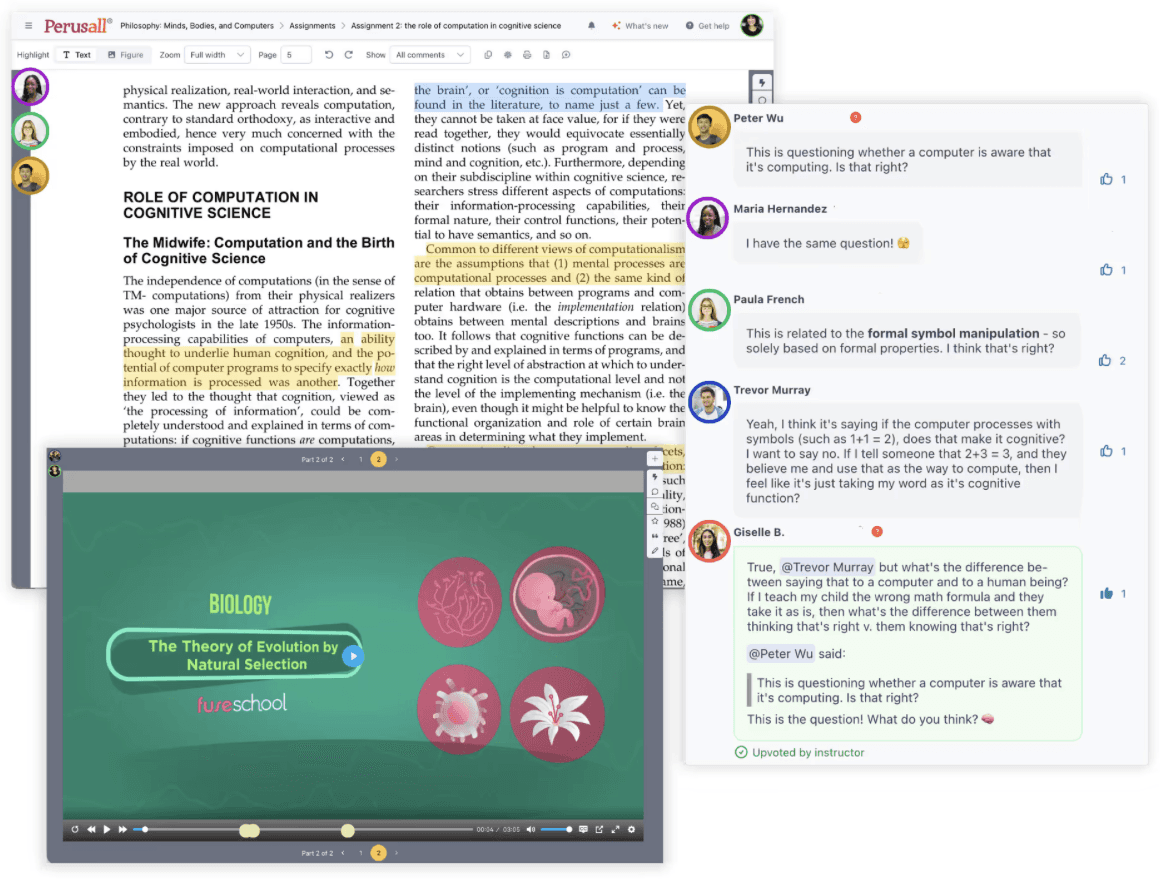 Perusall’s shared reading view, where students annotate and discuss a text together