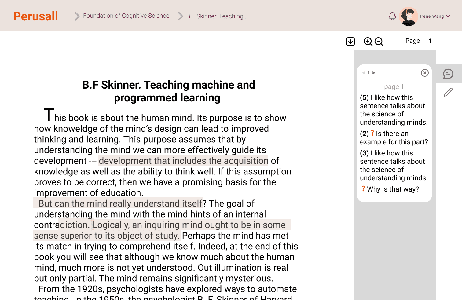 Simplified Perusall reading view with every annotation shown