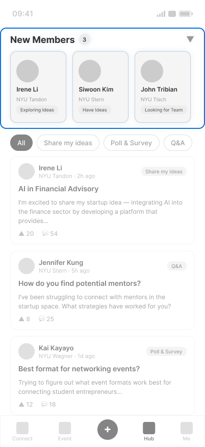 Redesigned Hub with a collapsible New Members section above the discussion feed