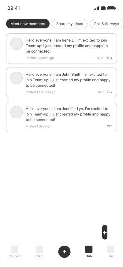 Original Hub where Meet new members is a tab beside Share my ideas and Poll and Surveys