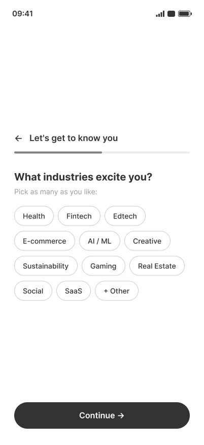Original onboarding questionnaire asking which industries excite the user