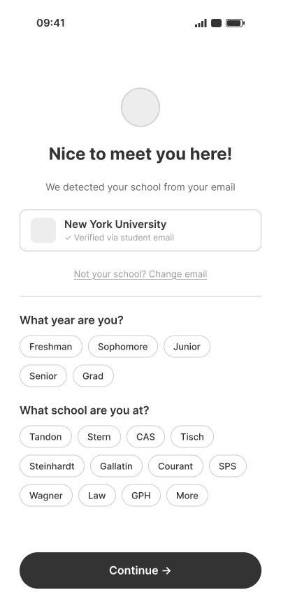 Original onboarding questionnaire asking for year and school