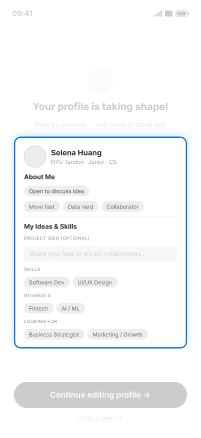 Redesigned flow showing an AI-drafted profile preview grouped into About Me and My Ideas and Skills