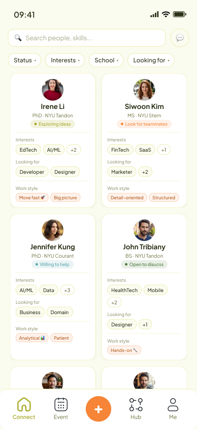 Connect screen with a grid of refined profile cards